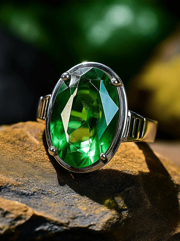 Emerald Oval-Dark-Green Ring in Silver - Mercury's Charm | Brahmatells - BrahmatellsStore