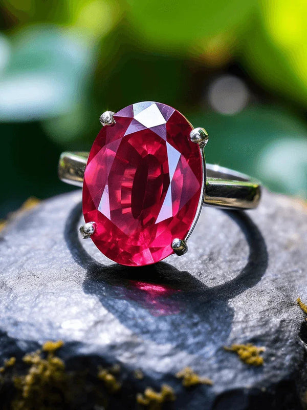 Vermilion Red Ruby Manak Oval Ring in Silver - Unleash Your Potential | Brahmatells - BrahmatellsStore