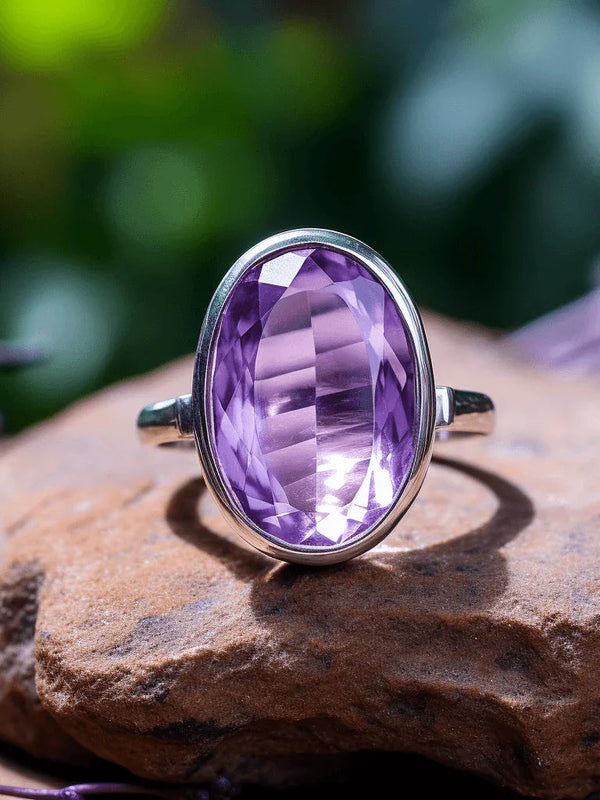 Amethyst Kathaila Oval Silver Ring - Saturn's Serene Jewel | Brahmatells - BrahmatellsStore